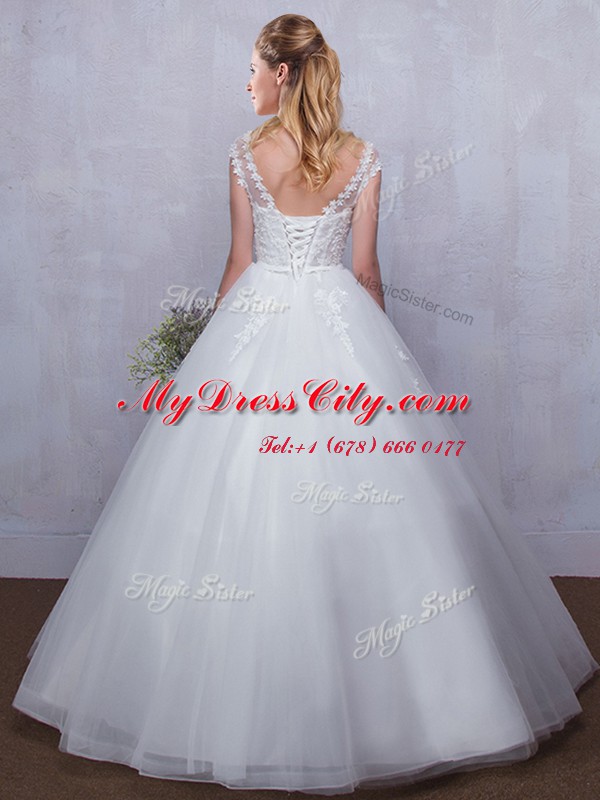 Adorable Straps White Wedding Dress Wedding Party and For with Lace and Appliques V-neck Sleeveless Lace Up