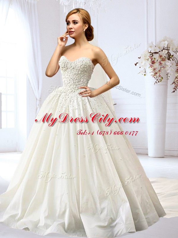 High Class Floor Length A-line Sleeveless White Wedding Dress Lace Up