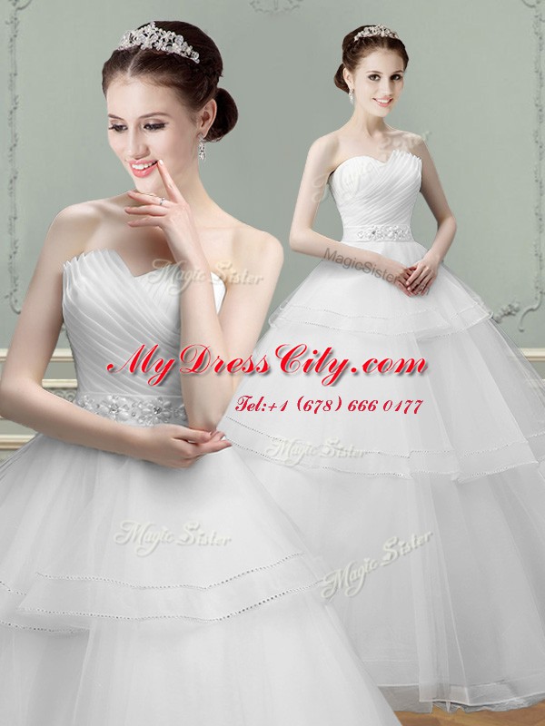 White Tulle Lace Up Wedding Dresses Sleeveless Floor Length Beading and Ruching