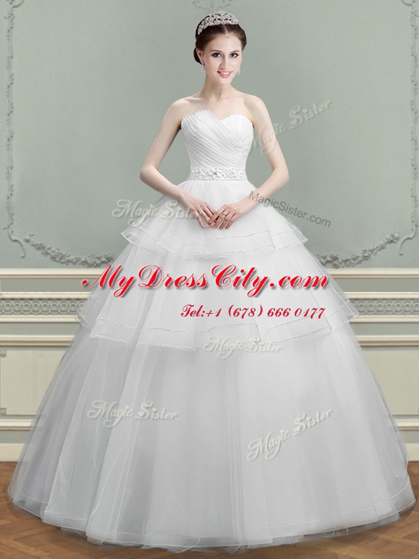 White Tulle Lace Up Wedding Dresses Sleeveless Floor Length Beading and Ruching