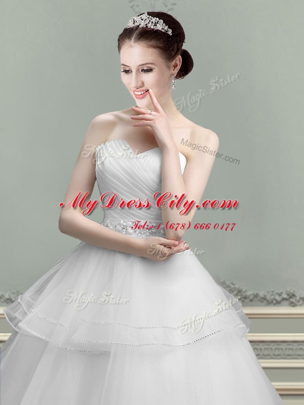 White Tulle Lace Up Wedding Dresses Sleeveless Floor Length Beading and Ruching