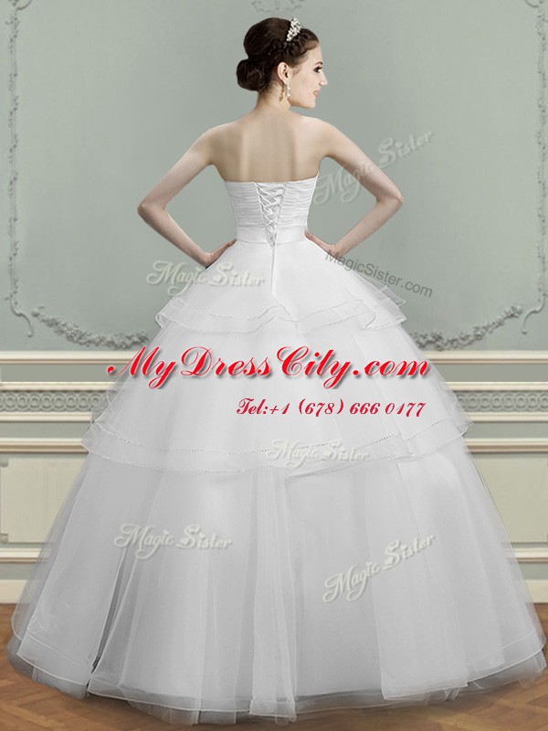 White Tulle Lace Up Wedding Dresses Sleeveless Floor Length Beading and Ruching