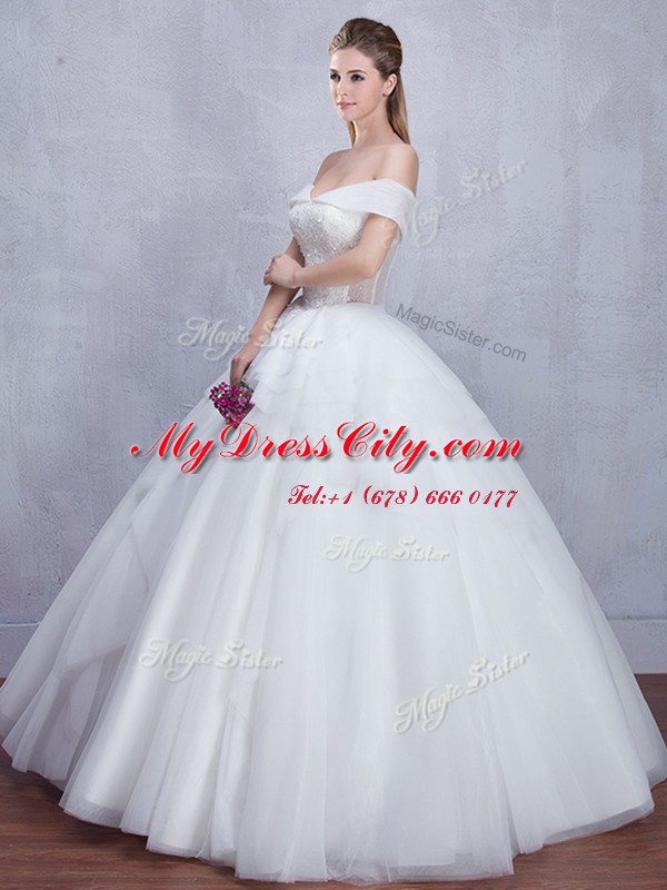 Decent White Off The Shoulder Neckline Beading and Ruffles Bridal Gown Sleeveless Lace Up