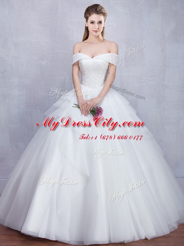 Decent White Off The Shoulder Neckline Beading and Ruffles Bridal Gown Sleeveless Lace Up