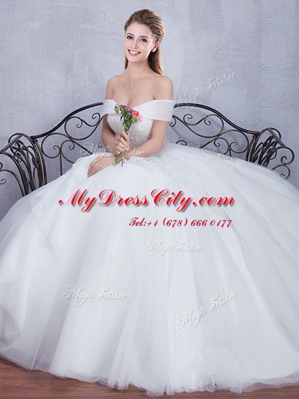 Decent White Off The Shoulder Neckline Beading and Ruffles Bridal Gown Sleeveless Lace Up