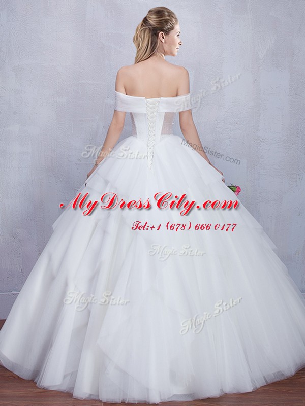 Decent White Off The Shoulder Neckline Beading and Ruffles Bridal Gown Sleeveless Lace Up