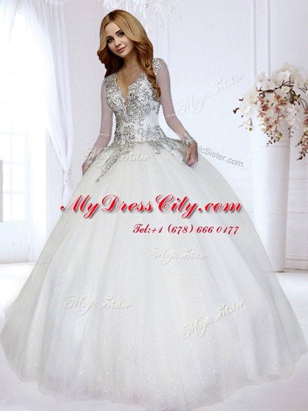 White Wedding Gowns Wedding Party and For with Beading V-neck Long Sleeves Backless