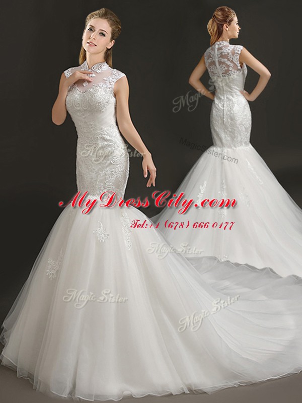 Super With Train Mermaid Sleeveless White Bridal Gown Court Train Zipper