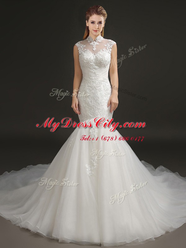 Super With Train Mermaid Sleeveless White Bridal Gown Court Train Zipper