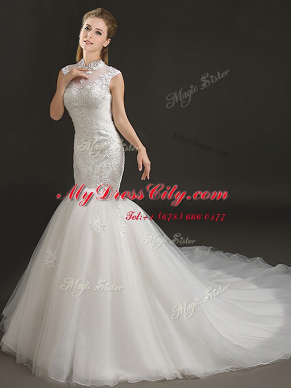 Super With Train Mermaid Sleeveless White Bridal Gown Court Train Zipper