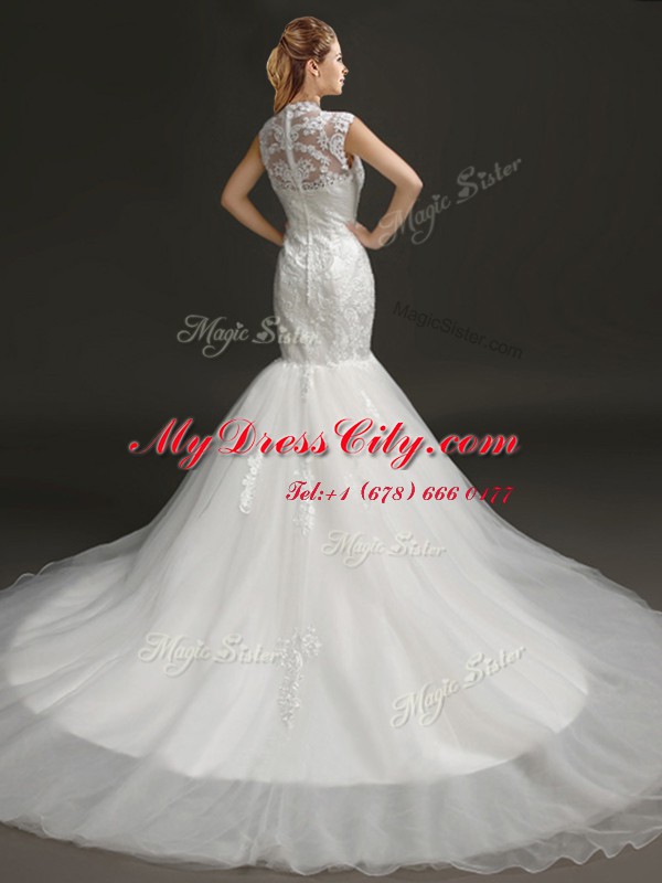 Super With Train Mermaid Sleeveless White Bridal Gown Court Train Zipper