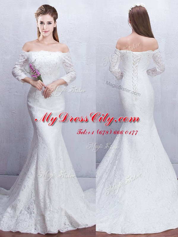 Designer Mermaid Off the Shoulder White 3 4 Length Sleeve Brush Train Lace With Train Bridal Gown