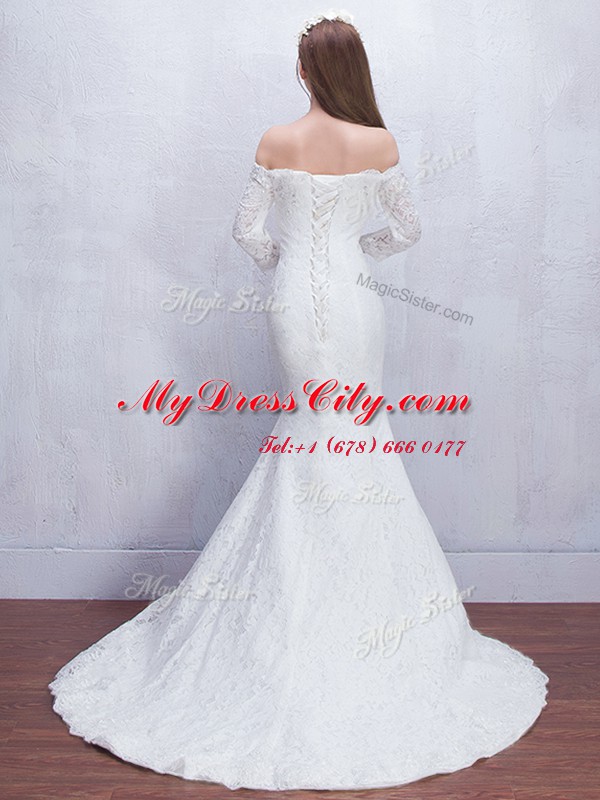 Designer Mermaid Off the Shoulder White 3 4 Length Sleeve Brush Train Lace With Train Bridal Gown