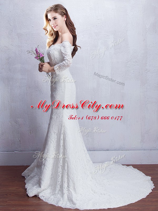 Designer Mermaid Off the Shoulder White 3 4 Length Sleeve Brush Train Lace With Train Bridal Gown