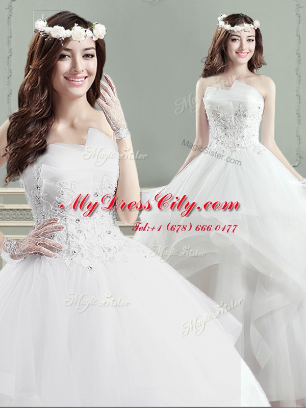 Sumptuous White Strapless Neckline Beading and Appliques Wedding Gown Sleeveless Lace Up