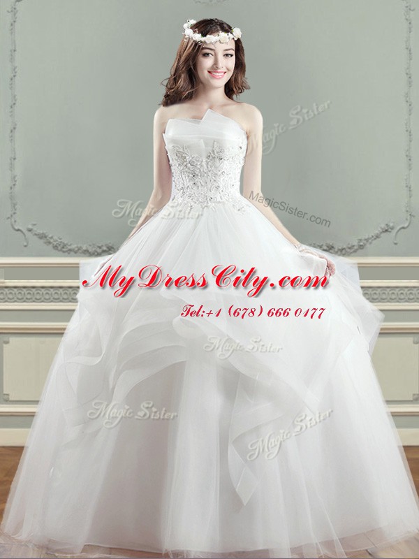 Sumptuous White Strapless Neckline Beading and Appliques Wedding Gown Sleeveless Lace Up