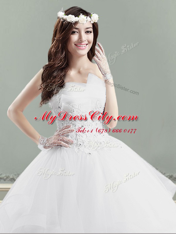 Sumptuous White Strapless Neckline Beading and Appliques Wedding Gown Sleeveless Lace Up