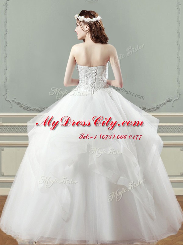 Sumptuous White Strapless Neckline Beading and Appliques Wedding Gown Sleeveless Lace Up