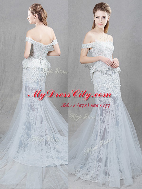 Sophisticated Mermaid Off the Shoulder Sleeveless Brush Train Lace Up With Train Lace and Appliques Wedding Gowns