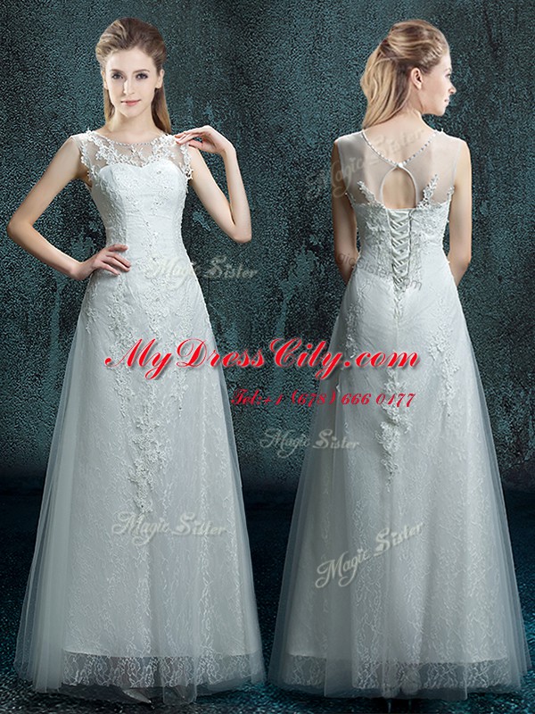 Suitable White Bridal Gown Wedding Party and For with Appliques Scoop Sleeveless Lace Up