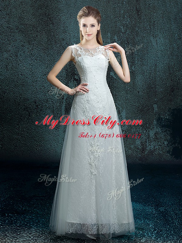 Suitable White Bridal Gown Wedding Party and For with Appliques Scoop Sleeveless Lace Up