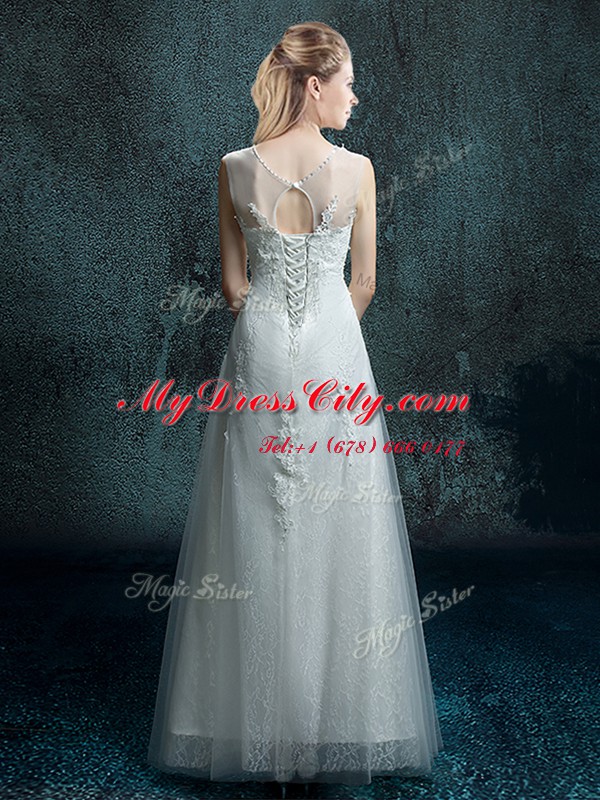 Suitable White Bridal Gown Wedding Party and For with Appliques Scoop Sleeveless Lace Up