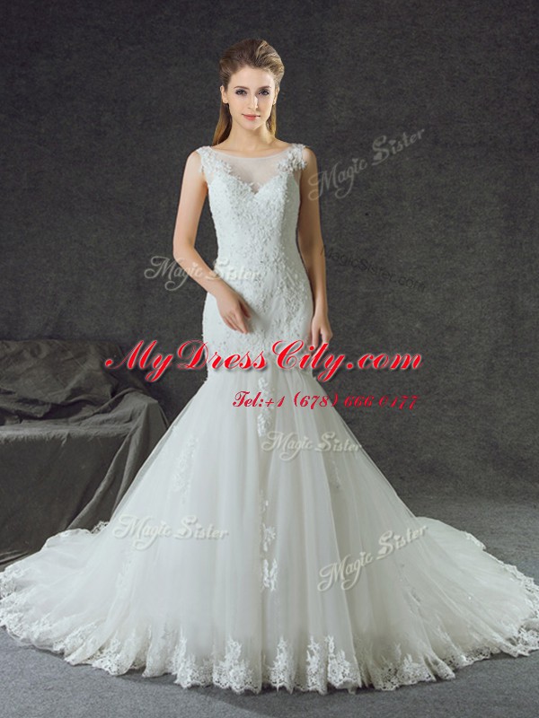 Mermaid Scoop White Sleeveless With Train Lace and Appliques Lace Up Wedding Dress