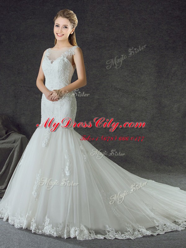 Mermaid Scoop White Sleeveless With Train Lace and Appliques Lace Up Wedding Dress