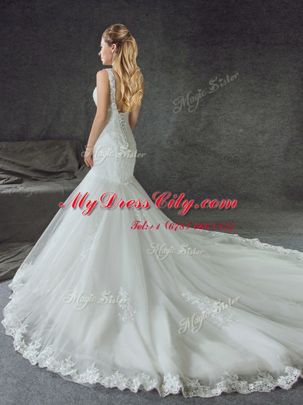 Mermaid Scoop White Sleeveless With Train Lace and Appliques Lace Up Wedding Dress