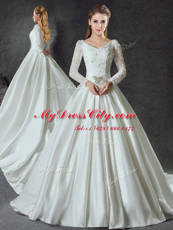 Flirting Long Sleeves Satin With Train Chapel Train Lace Up Wedding Dresses in White with Lace and Belt