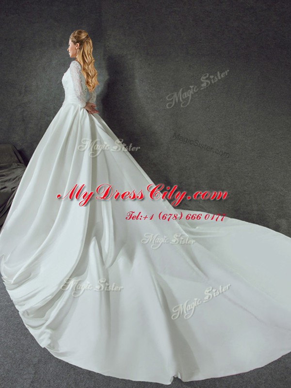 Flirting Long Sleeves Satin With Train Chapel Train Lace Up Wedding Dresses in White with Lace and Belt