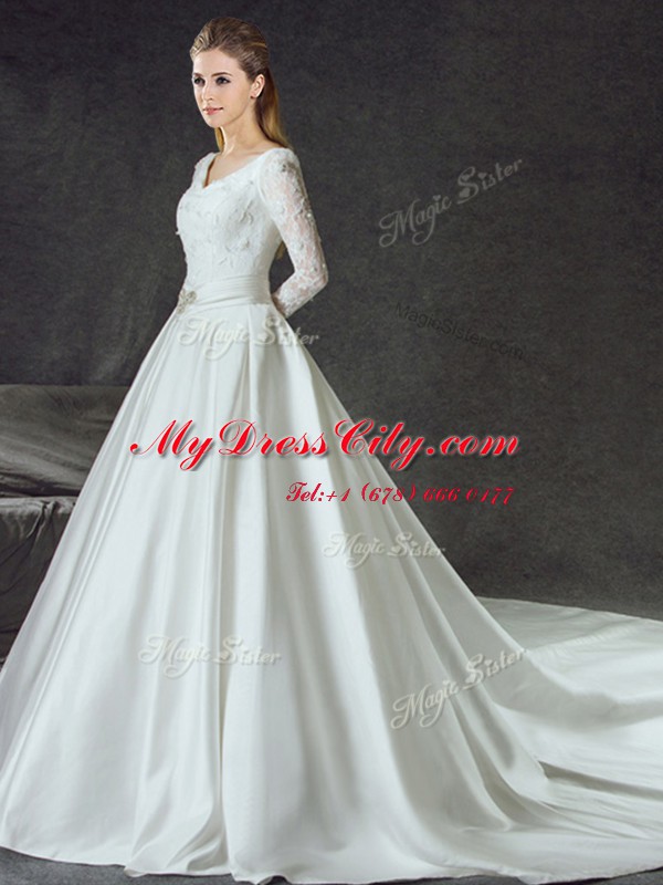 Flirting Long Sleeves Satin With Train Chapel Train Lace Up Wedding Dresses in White with Lace and Belt