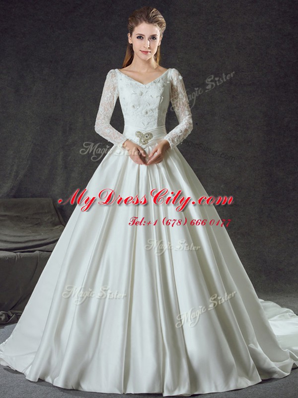 Flirting Long Sleeves Satin With Train Chapel Train Lace Up Wedding Dresses in White with Lace and Belt