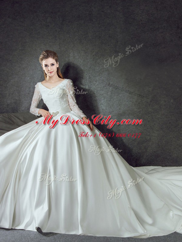 Flirting Long Sleeves Satin With Train Chapel Train Lace Up Wedding Dresses in White with Lace and Belt