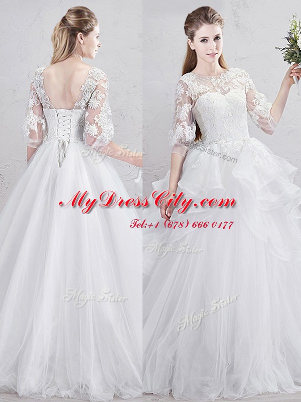 Sweet Scoop Half Sleeves With Train Lace and Ruffles Lace Up Wedding Dresses with White Brush Train