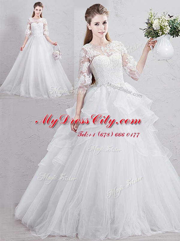 Sweet Scoop Half Sleeves With Train Lace and Ruffles Lace Up Wedding Dresses with White Brush Train