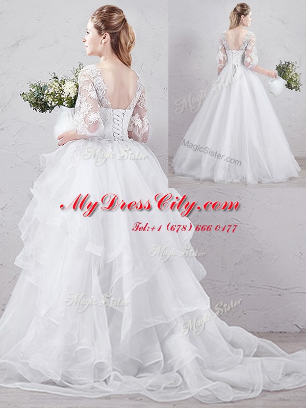 Sweet Scoop Half Sleeves With Train Lace and Ruffles Lace Up Wedding Dresses with White Brush Train