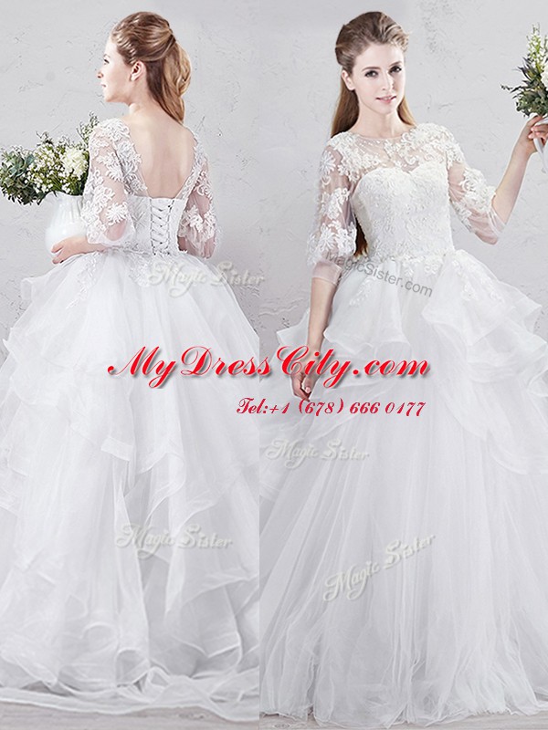 Scoop Half Sleeves Wedding Dress With Brush Train Lace and Ruffles White Tulle