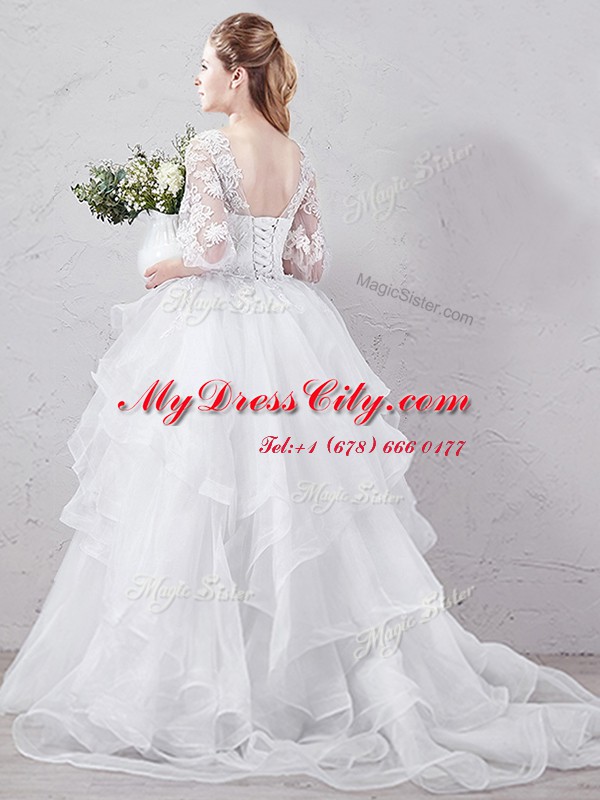 Scoop Half Sleeves Wedding Dress With Brush Train Lace and Ruffles White Tulle