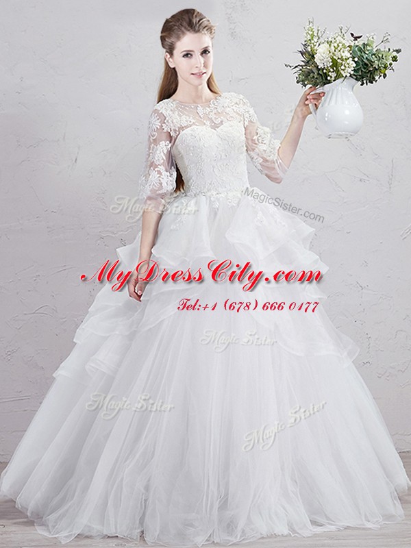 Scoop Half Sleeves Wedding Dress With Brush Train Lace and Ruffles White Tulle