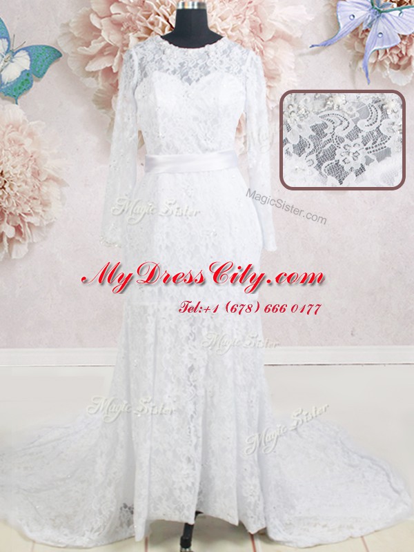 Scoop Lace With Train Empire Long Sleeves White Wedding Gowns Brush Train Zipper