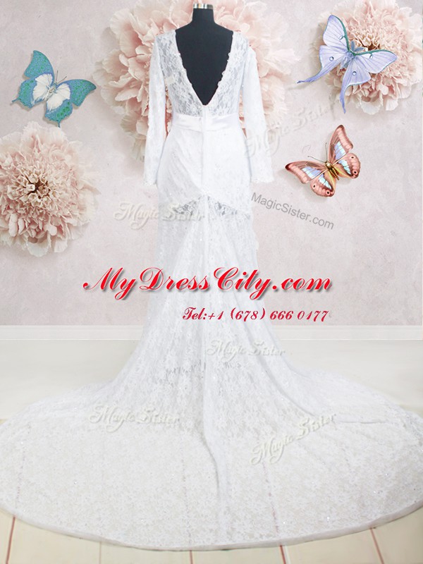 Scoop Lace With Train Empire Long Sleeves White Wedding Gowns Brush Train Zipper