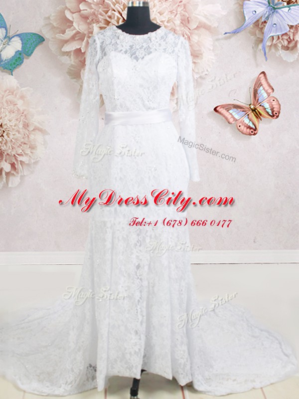 Scoop Lace With Train Empire Long Sleeves White Wedding Gowns Brush Train Zipper