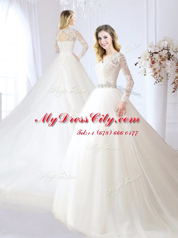 Charming White Long Sleeves Chapel Train Beading and Lace With Train Wedding Dress