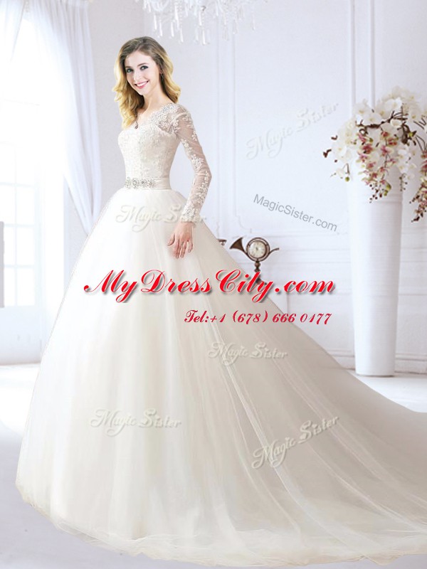 Charming White Long Sleeves Chapel Train Beading and Lace With Train Wedding Dress