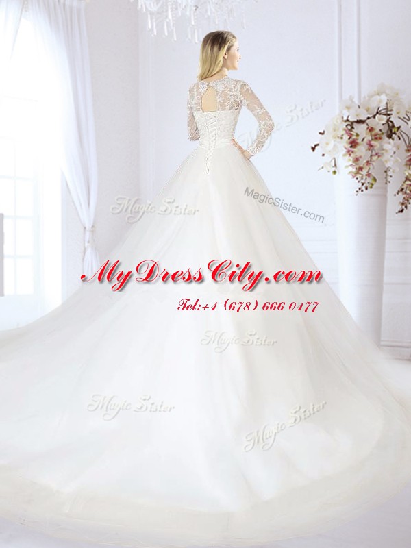 Charming White Long Sleeves Chapel Train Beading and Lace With Train Wedding Dress