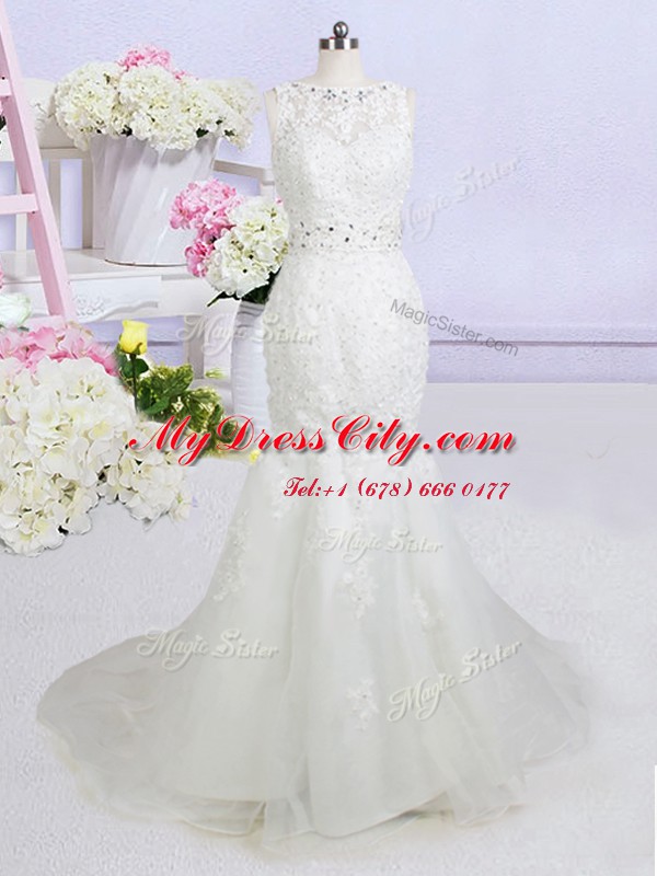 Noble Mermaid With Train White Wedding Gowns Bateau Sleeveless Brush Train Backless