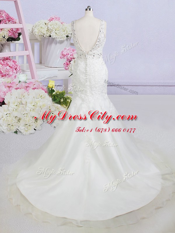 Noble Mermaid With Train White Wedding Gowns Bateau Sleeveless Brush Train Backless