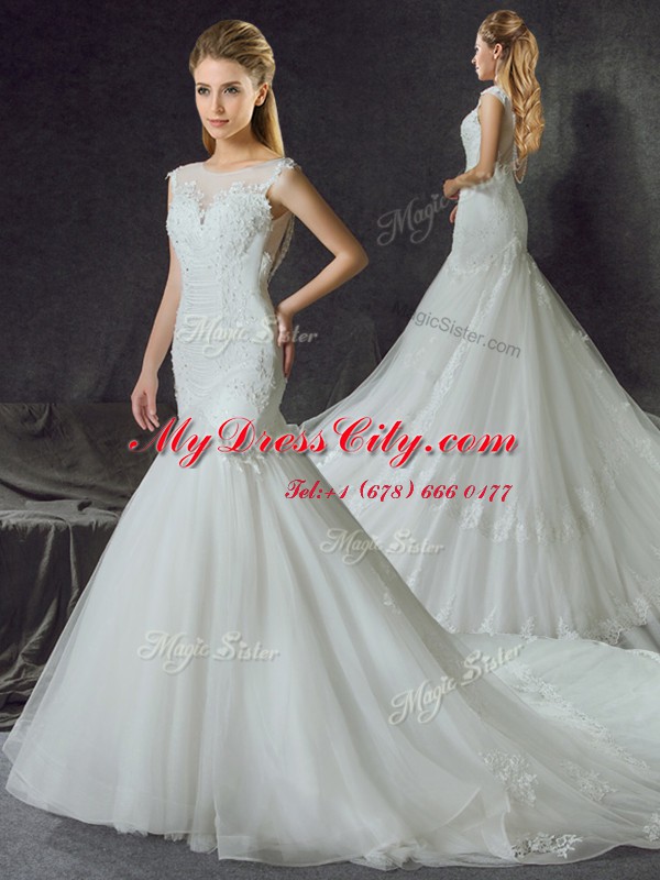 Vintage Mermaid Tulle Scoop Sleeveless Court Train Side Zipper Lace and Appliques Wedding Dress in White