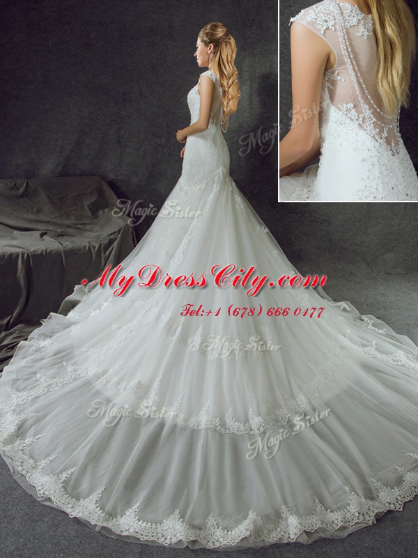 Vintage Mermaid Tulle Scoop Sleeveless Court Train Side Zipper Lace and Appliques Wedding Dress in White